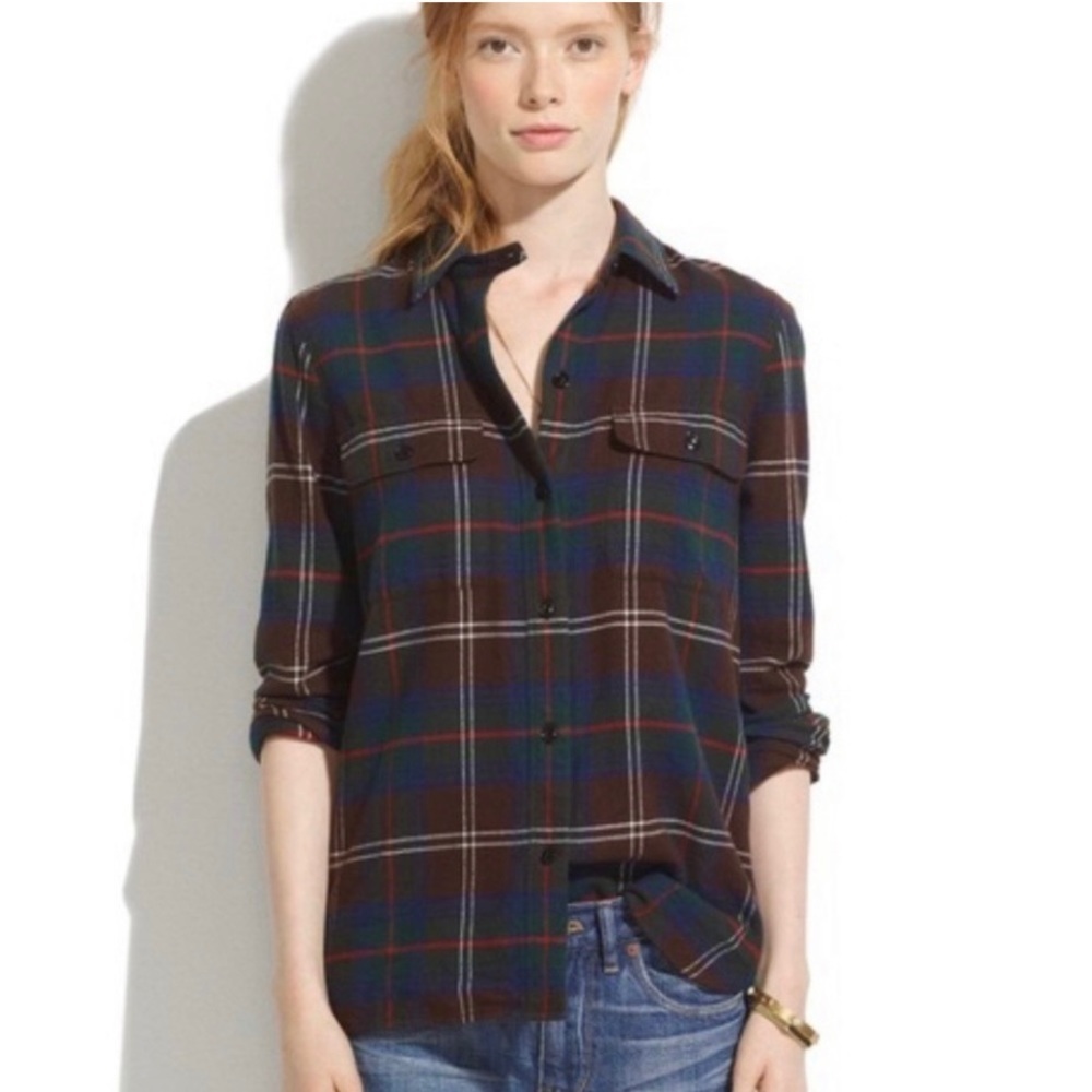 MADEWELL Ex-boyfriend Flannel Shirt/
Thicket Plaid, brown/blue